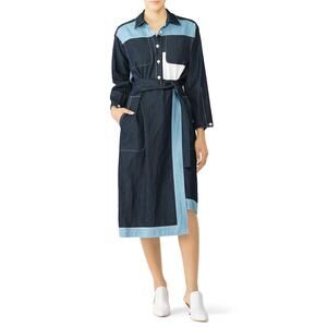 COLOVOS Two Tone Belted Denim Shirt Dress Deconstructed Blue Size 2 $675